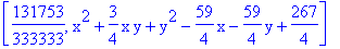 [131753/333333, x^2+3/4*x*y+y^2-59/4*x-59/4*y+267/4]